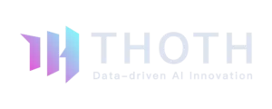 A company logo featuring the name "Thoth" written in a stylized font, colored blue and purple. The text sits above a two-toned abstract design in the same color scheme.
