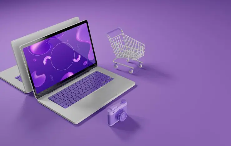 -Commerce” by Thoth AI. It shows a mockup of a purple colored MacBook Pro laptop computer with a shopping cart and a camera on a purple background