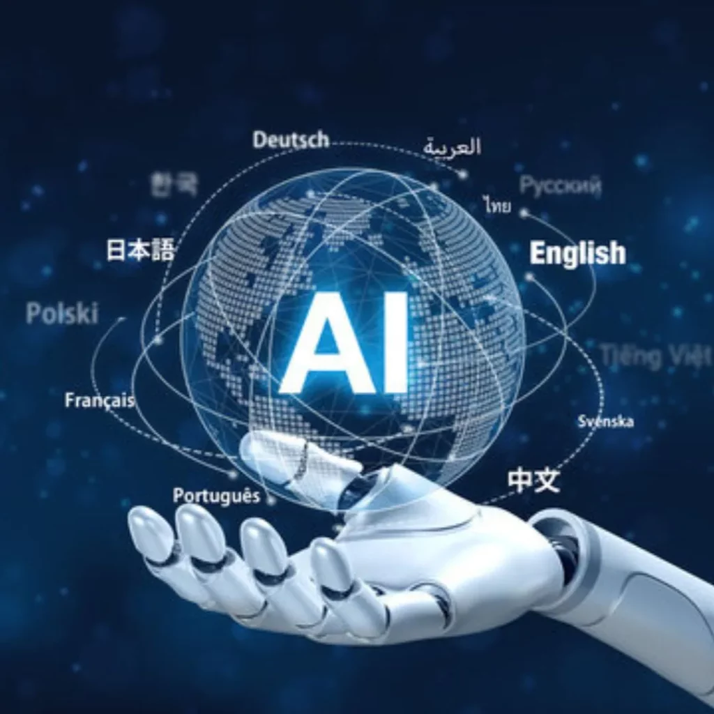 A robotic hand holding a globe with the word “AI” on it. The text around the image translates to “AI” in multiple languages.