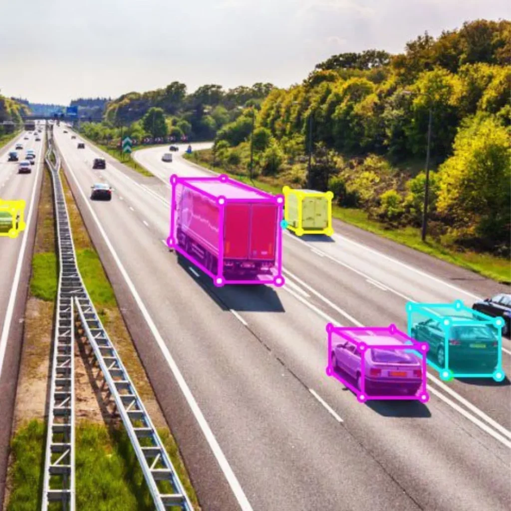 Several cars and trucks of various colors