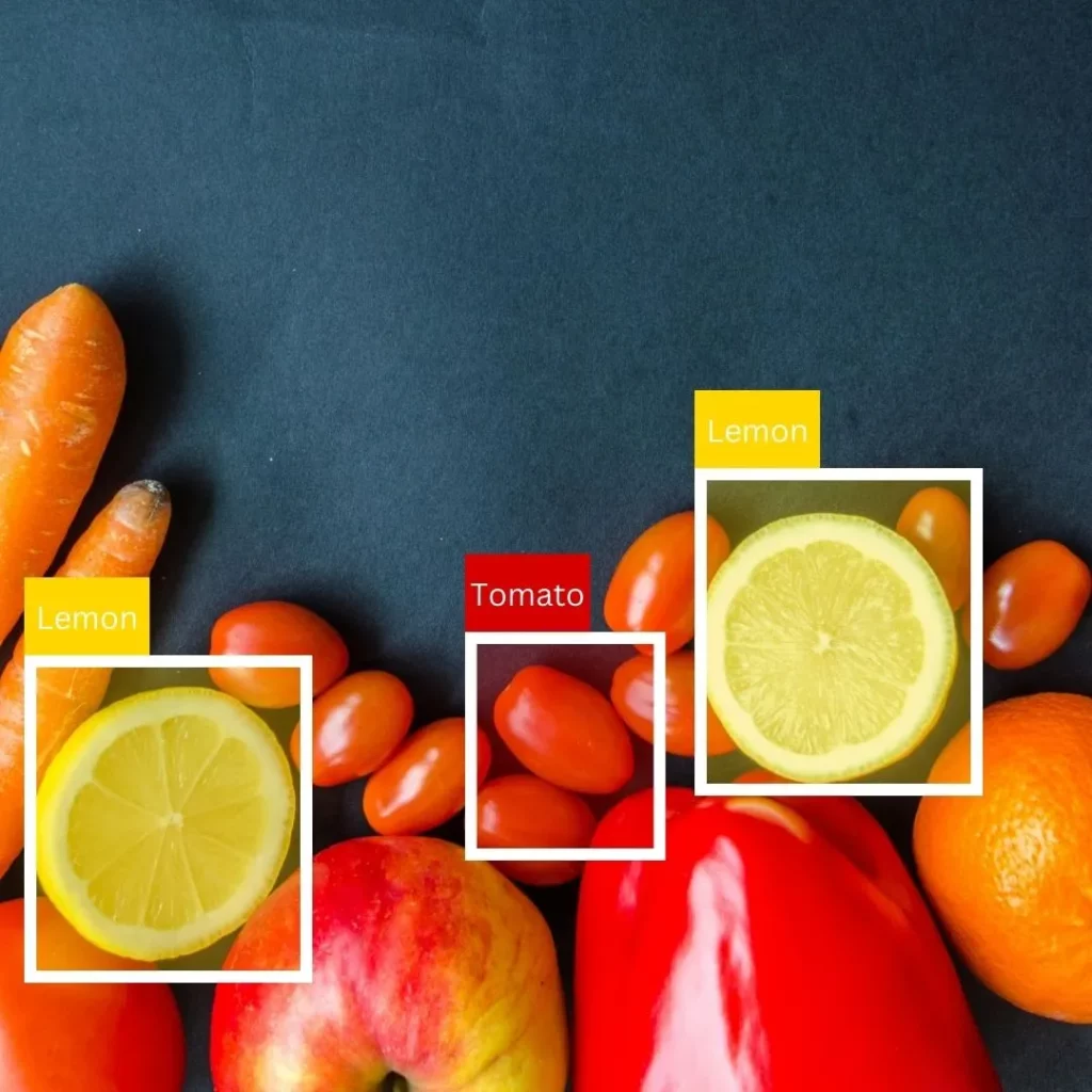 A close-up photo of a variety of fruits and vegetables, including carrots, tomatoes, apples, oranges, and lemons. The image includes labels for each fruit and vegetable.