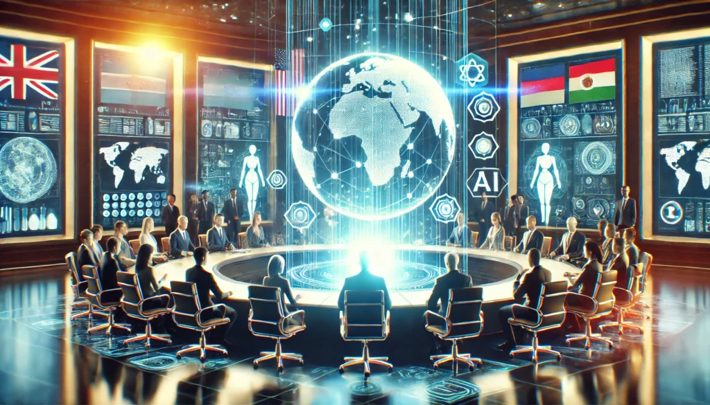 digital illustration representing global governments working together with AI in a futuristic setting. The image features a diverse group of working together with AI