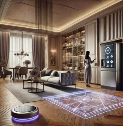 DALL·E 2025-01-08 21.22.03 - A luxurious and futuristic smart home in 2025, featuring a modern living room with parquet flooring, high-end furniture, and elegant decor in neutral (1)